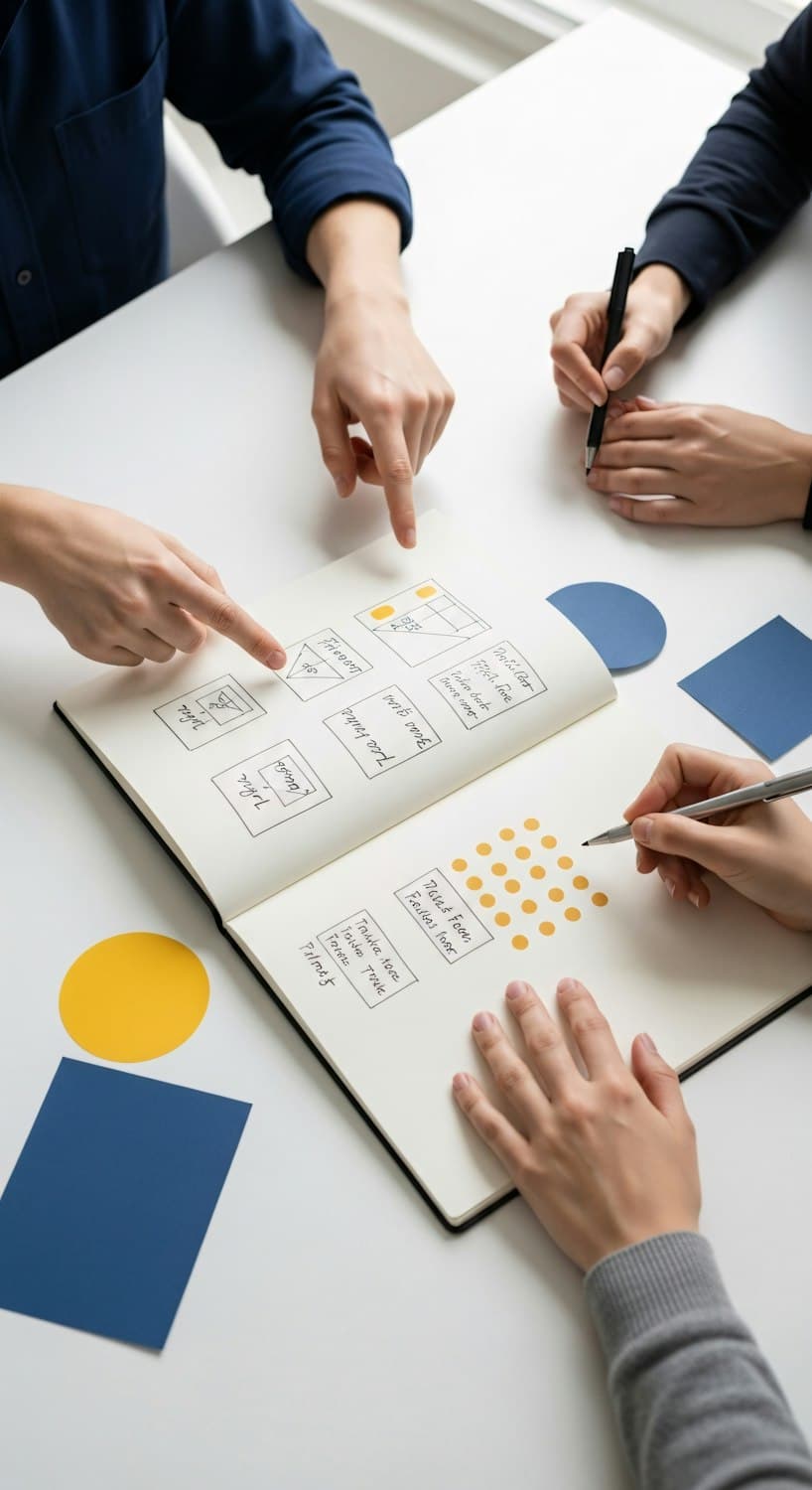 Three people sketching interface ideas in a notebook on a white desk