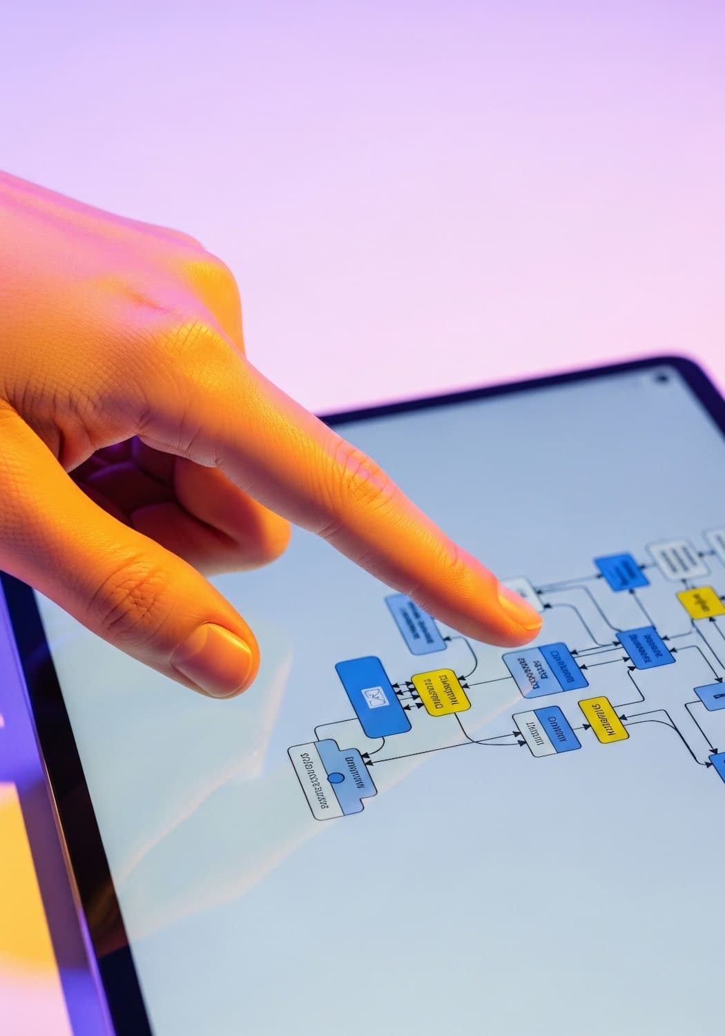 A hand pointing at a workflow diagram on a tablet screen