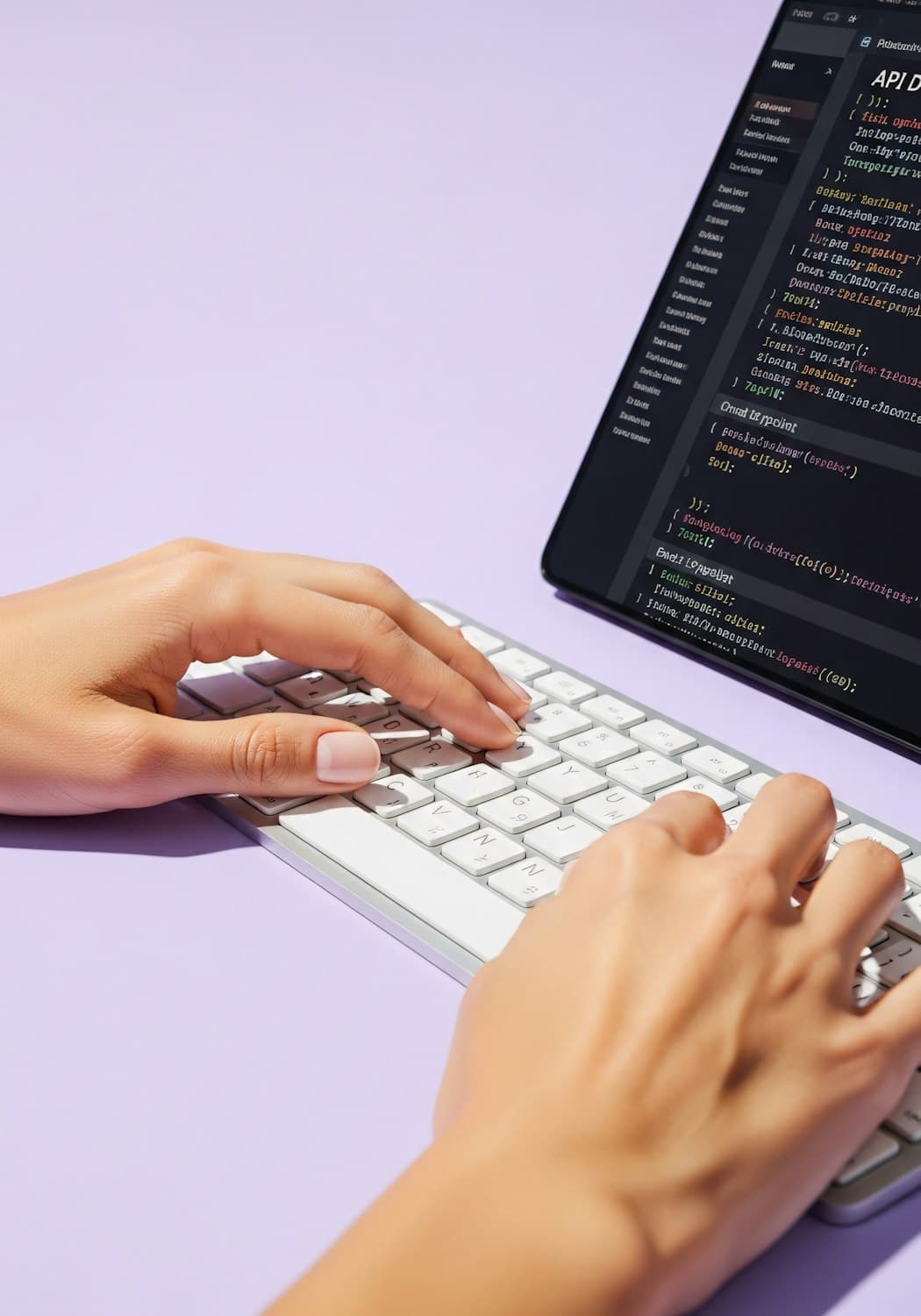 Hands typing on a keyboard beside a screen showing code